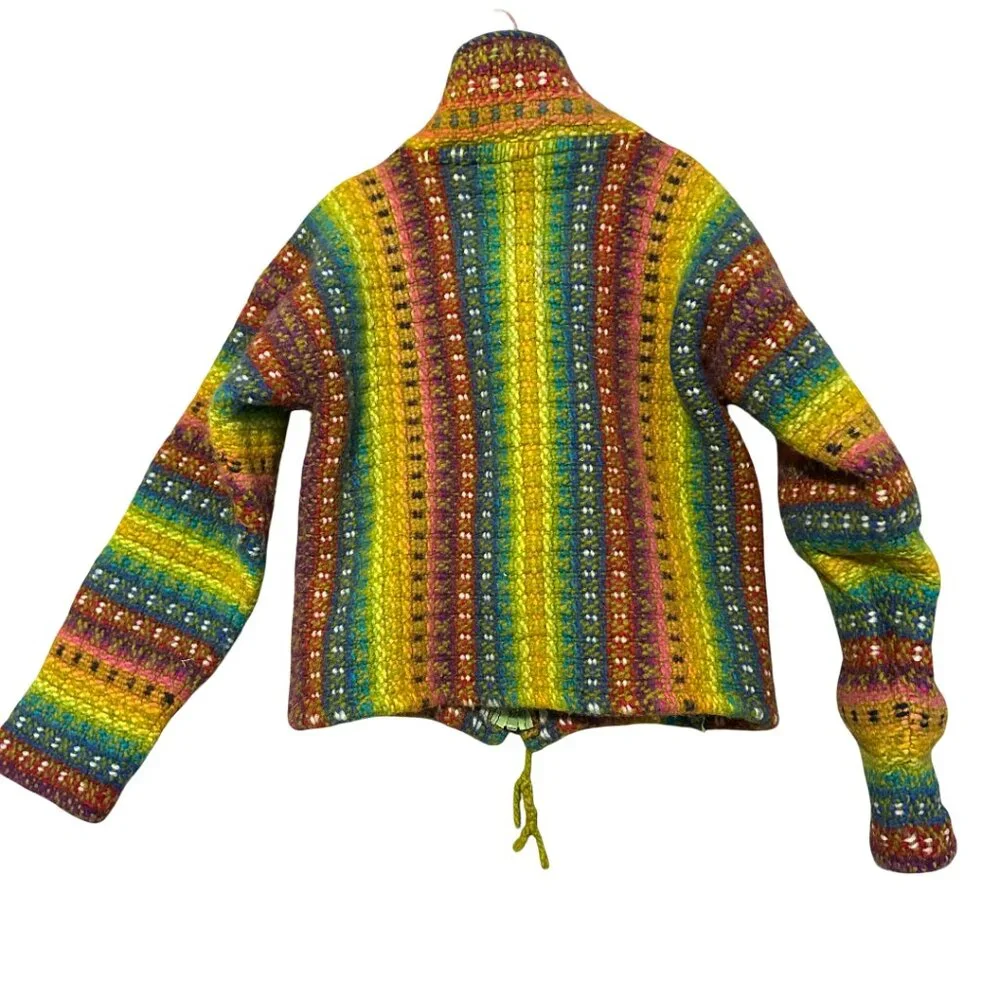 Rainbow 70s Crochet Jacket with Zipper and Two Pockets OS